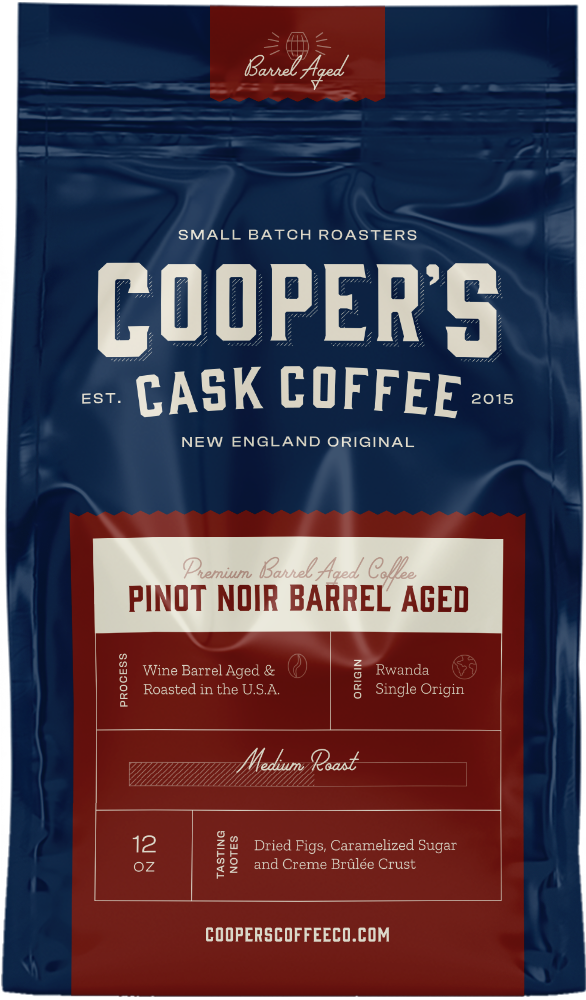 a close up of the label on a bag of pinot noir barrel aged coffee, one of cooper's wine barrel aged coffee chocies