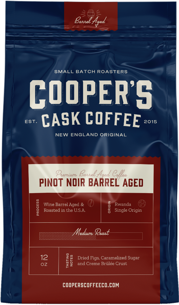 a close up of the label on a bag of pinot noir barrel aged coffee, one of cooper's wine barrel aged coffee chocies