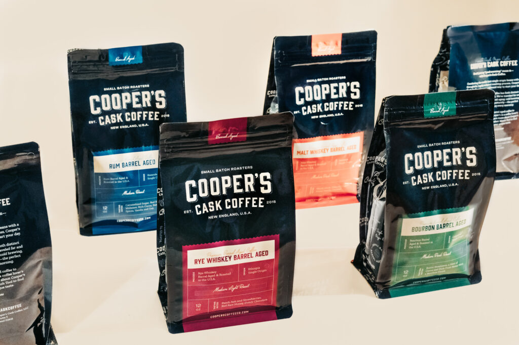 Group picture of Cooper's Cask Coffee barrel aged coffees which make good fathers day gift ideas