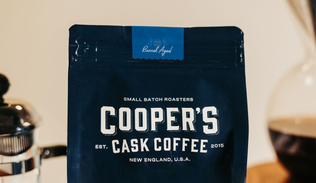 The top of a product bag of Cooper's Craft Coffee barrel aged coffee product