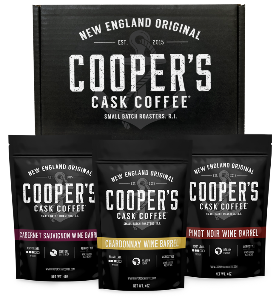 A png picture of all 3 of Cooper's Cask Coffee wine barrel aged coffee selection
