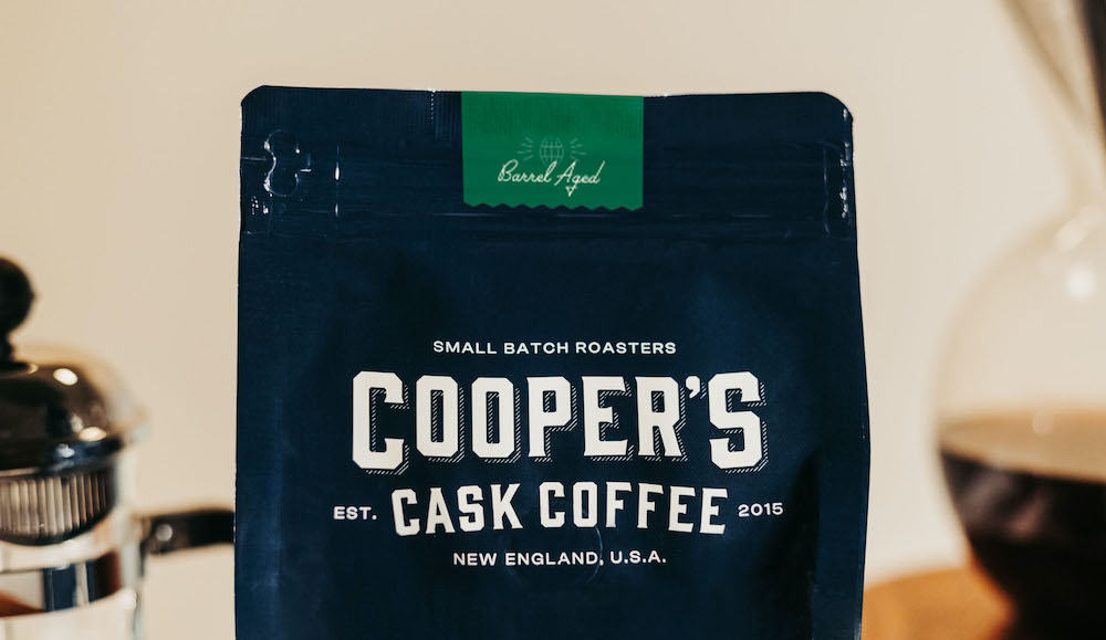 top of a bag of barrel aged coffee as one of the products cooper's cask coffee offers as wholesale coffee suppliers