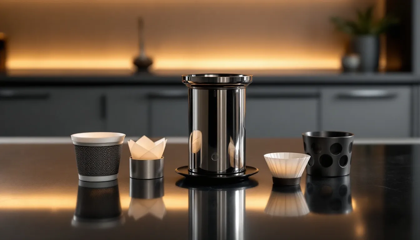 A display of various AeroPress filters available for purchase online, including paper and metal options.