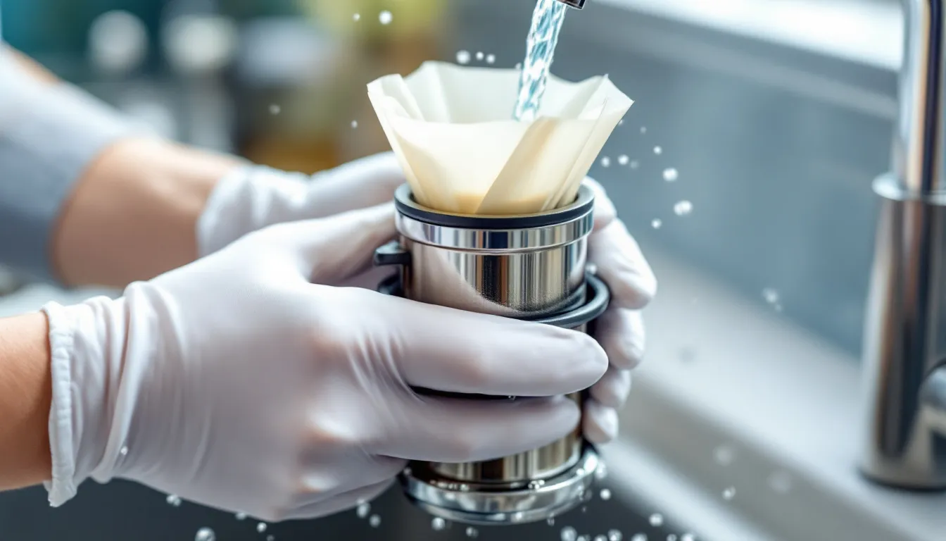A person rinsing AeroPress filters under running water, demonstrating the cleaning process.