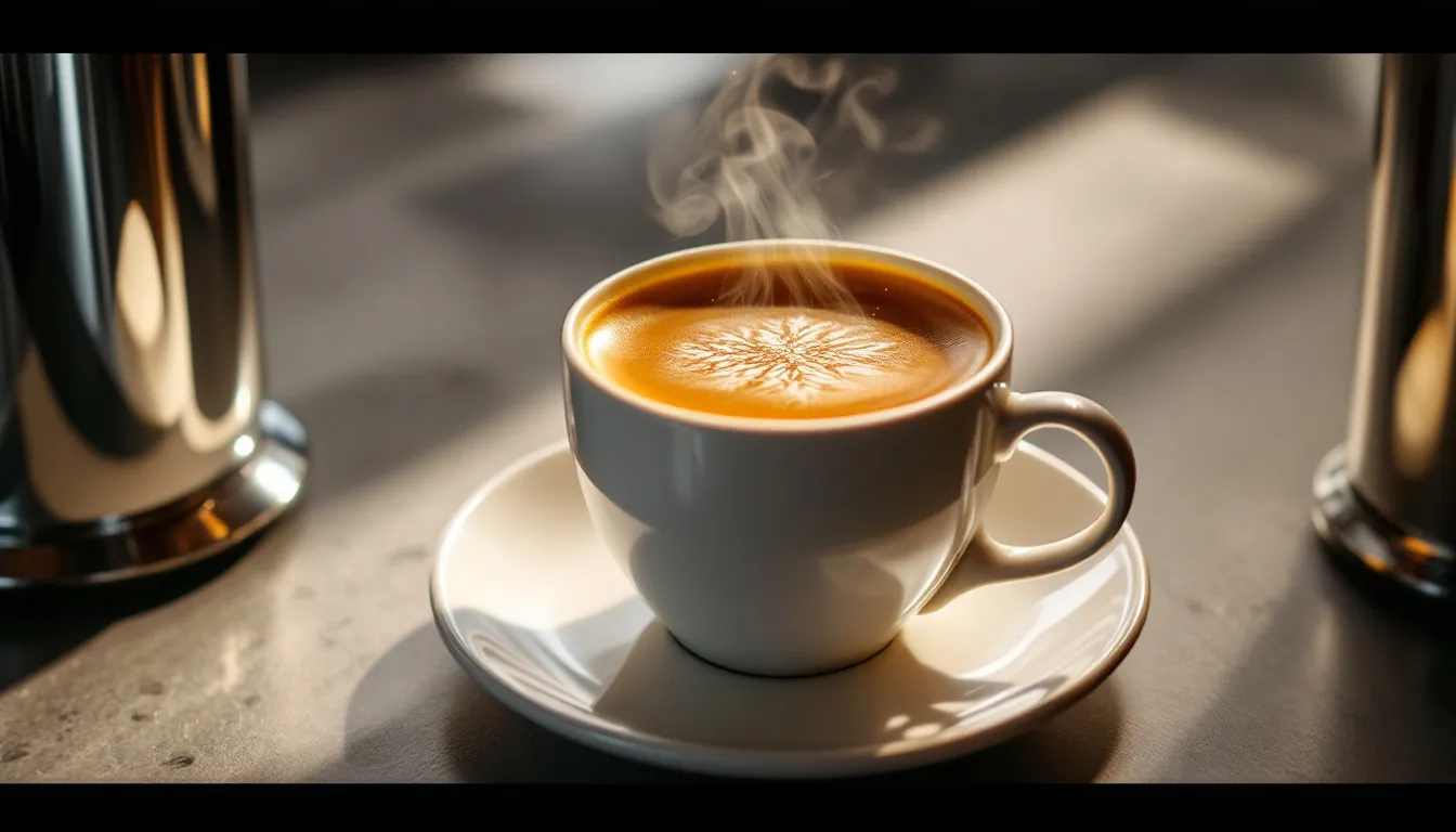 A steaming cup of espresso-style coffee made with AeroPress, highlighting the rich crema on top.