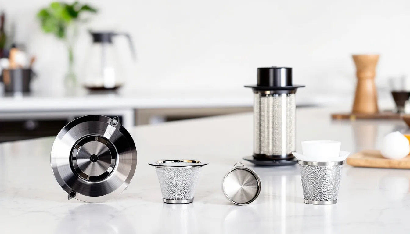 An assortment of metal filters for AeroPress, showcasing their reusable design.