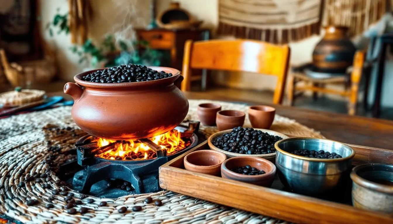 In the image, a traditional Ethiopian coffee ceremony is taking place, featuring freshly roasted Ethiopian coffee beans displayed alongside a clay pot. The scene captures the rich cultural heritage of Ethiopia, highlighting the aromatic coffee's floral notes and complex flavors as it is prepared for serving.