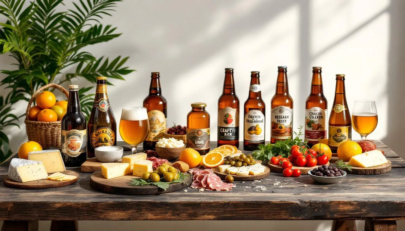 A beautifully arranged collection of gourmet food items, including hot sauce and snacks, alongside craft beer bottles, sits on a rustic wooden table, making it an ideal gift for dads who appreciate unique flavors. This setup is perfect for Father's Day or any special occasion, inviting family and friends to enjoy a delightful culinary adventure together.